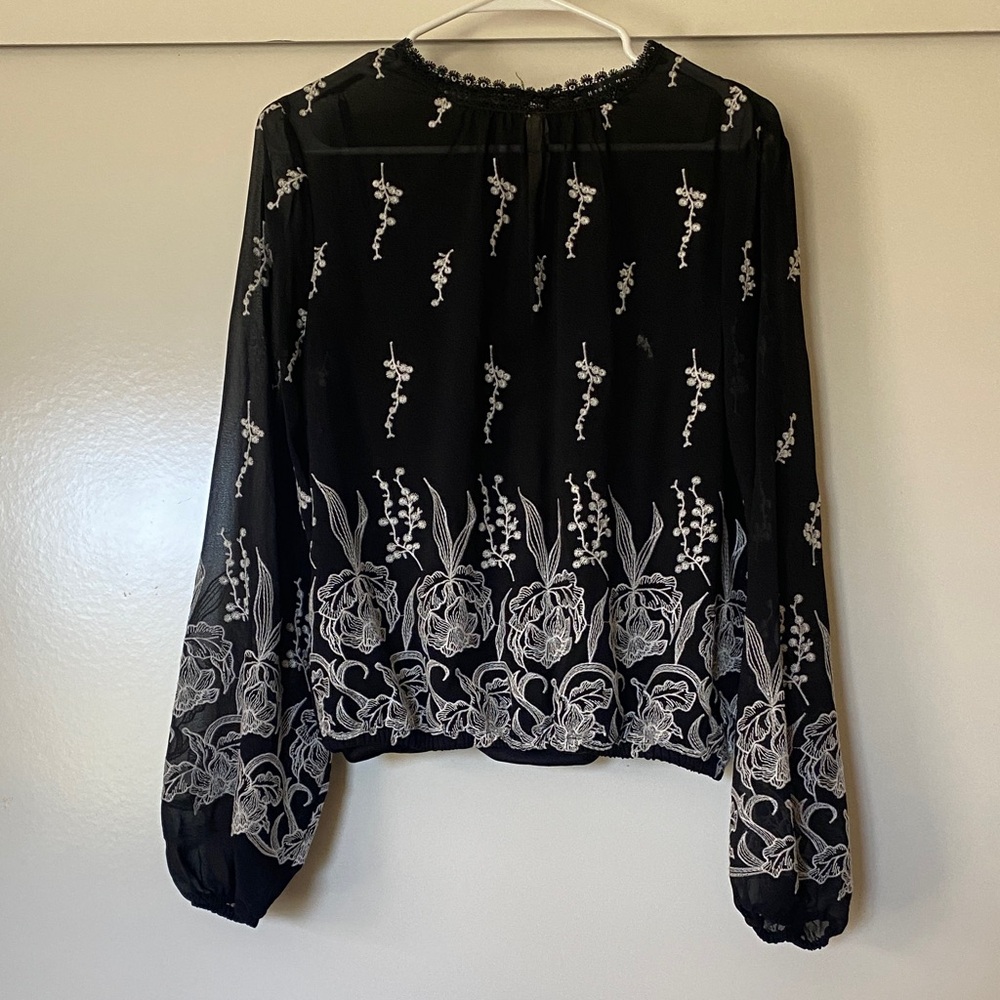 Haute Monde Black Blouse with White Floral Embroidery